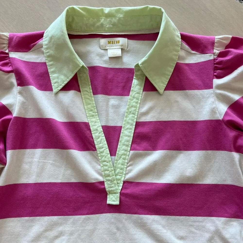 Anthropologie Maeve Rugby Stripe Puff Sleeve Polo Top Women's Small Pink White